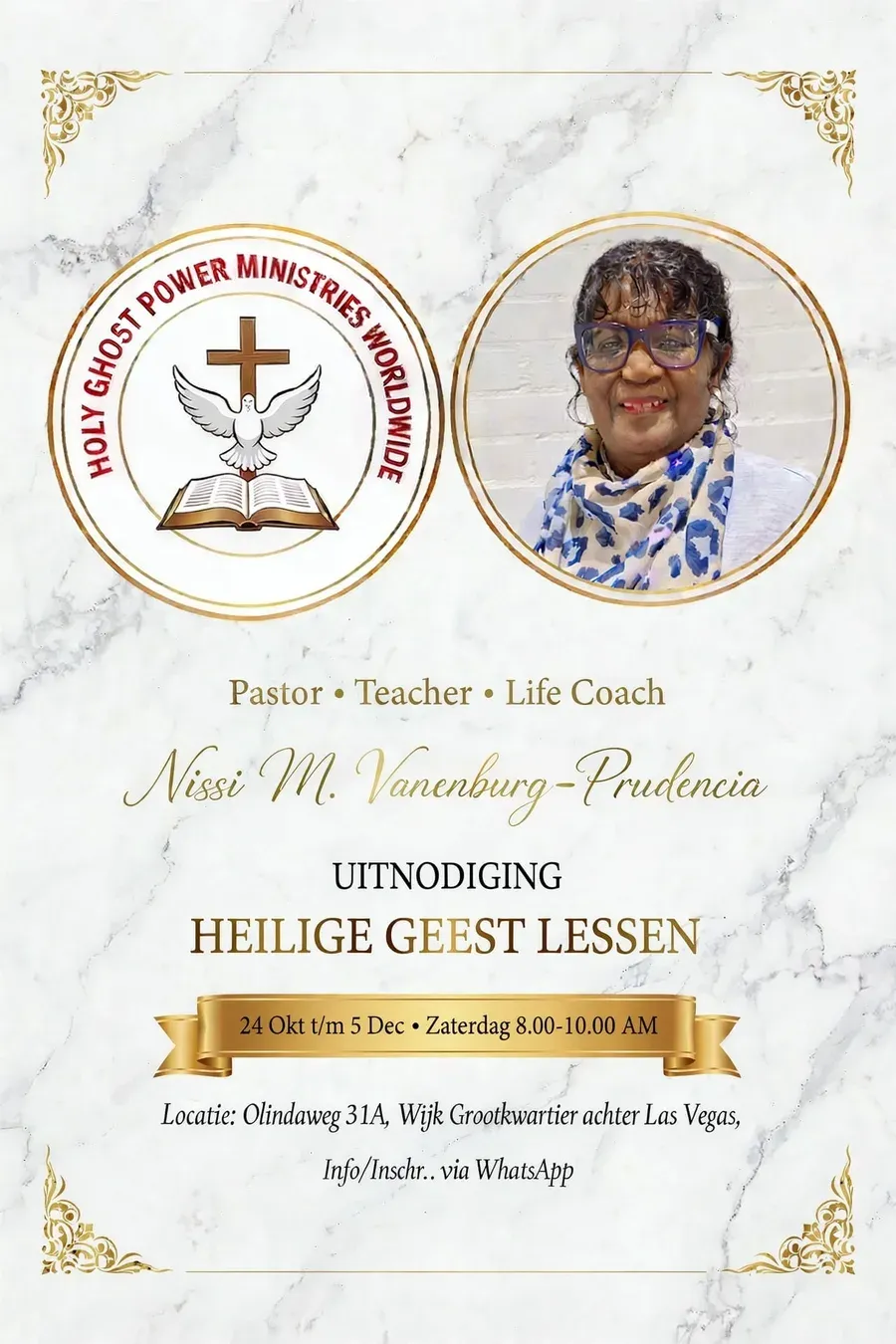 Uitnodiging Heilige Geest lessen van 24 oktober t/m 5 december 2026 met Nissi M. Vanenburg-Prudencia